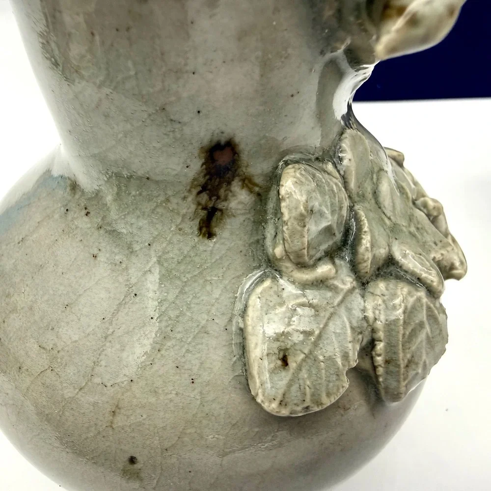 ATQ Pair of Chinese Celadon Crackle Glaze Vases High-Relief Botanical Appliqués